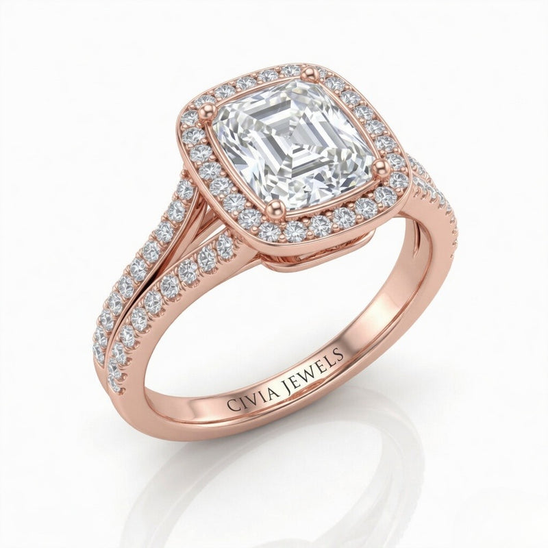 Rose Gold Emerald Halo Split Shank Diamond Engagement Ring