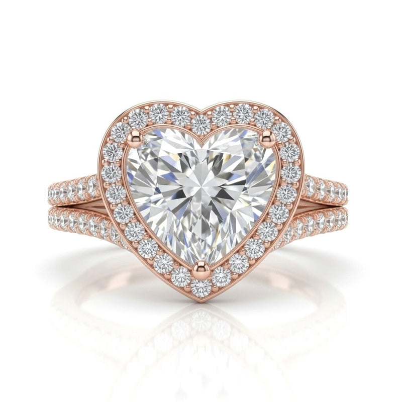 Rose Gold Heart Halo Split Shank Diamond Engagement Ring