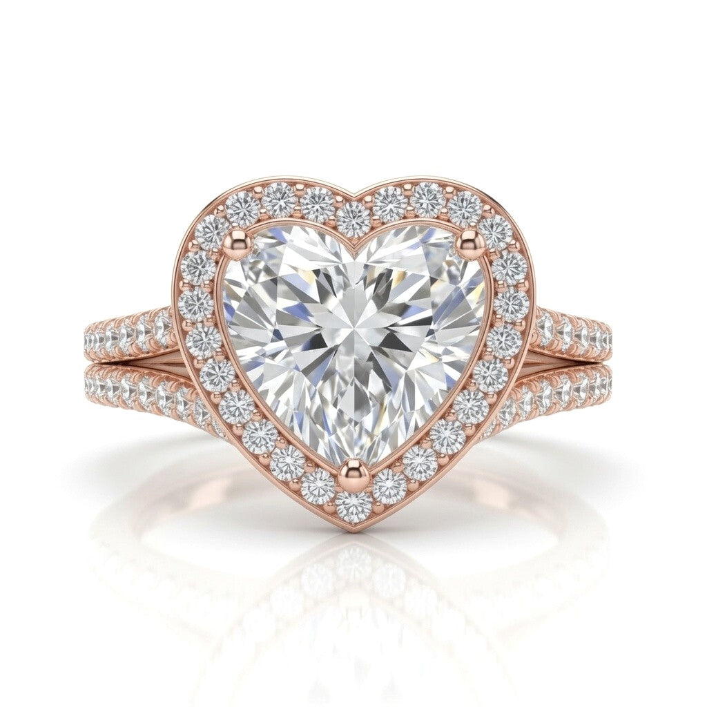 Rose Gold Heart Halo Split Shank Diamond Engagement Ring
