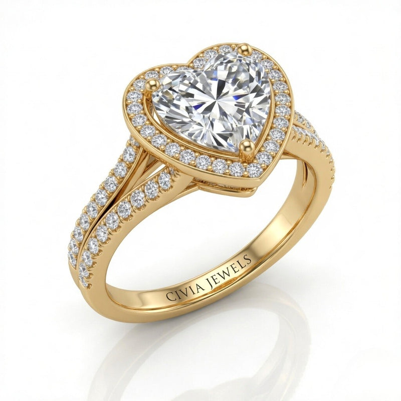 Yellow Gold Heart Halo Split Shank Diamond Engagement Ring