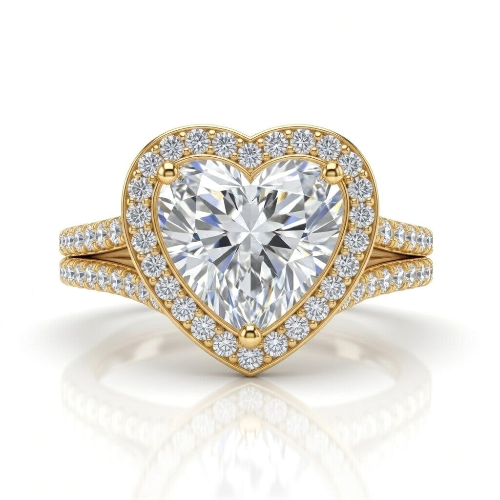 Yellow Gold Heart Halo Split Shank Diamond Engagement Ring