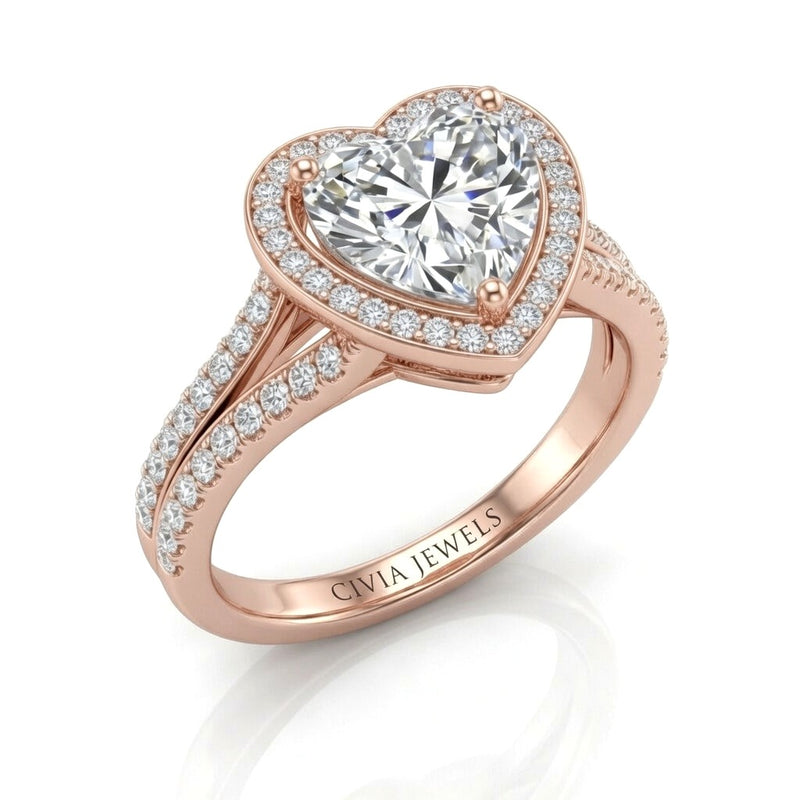 Rose Gold Heart Halo Split Shank Diamond Engagement Ring