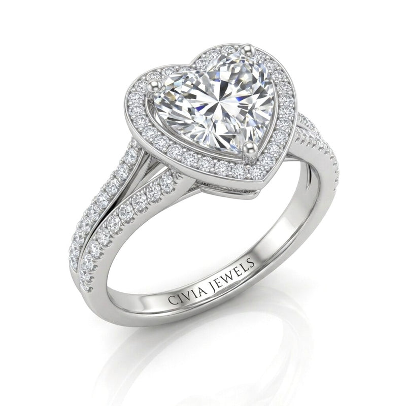 Silver Heart Halo Split Shank Diamond Engagement Ring