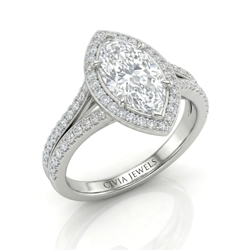 White Gold Marquise Halo Split Shank Diamond Engagement Ring