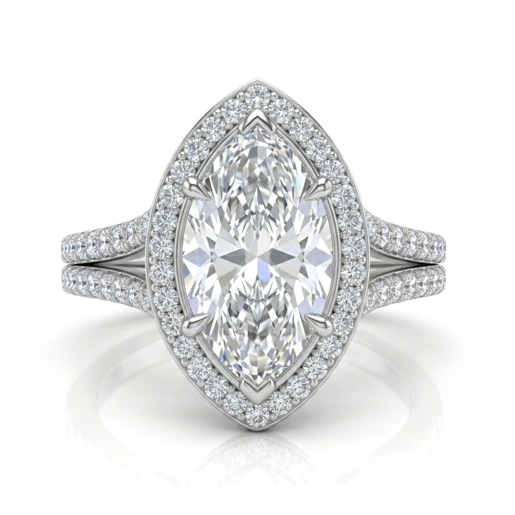 Silver Marquise Halo Split Shank Diamond Engagement Ring