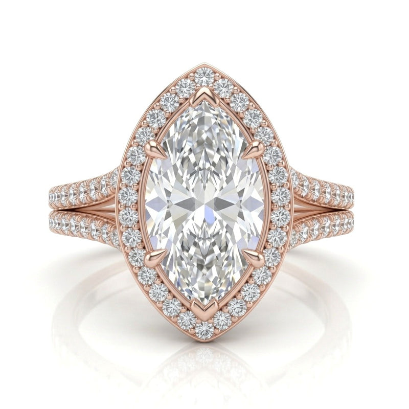 Rose Gold Marquise Halo Split Shank Diamond Engagement Ring