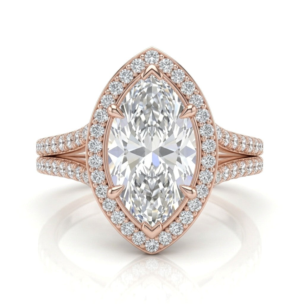 Rose Gold Marquise Halo Split Shank Diamond Engagement Ring