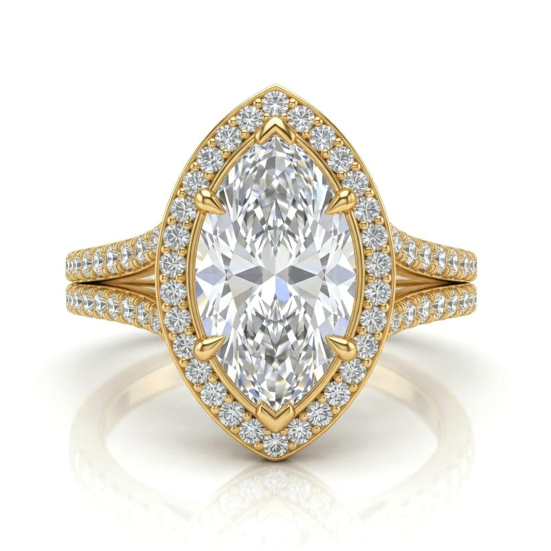 Yellow Gold Marquise Halo Split Shank Diamond Engagement Ring