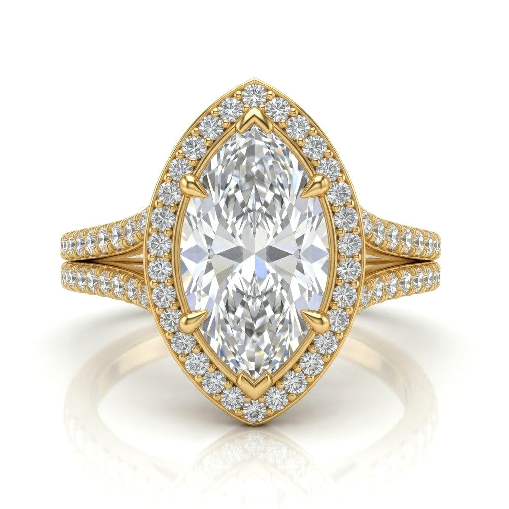 Yellow Gold Marquise Halo Split Shank Diamond Engagement Ring