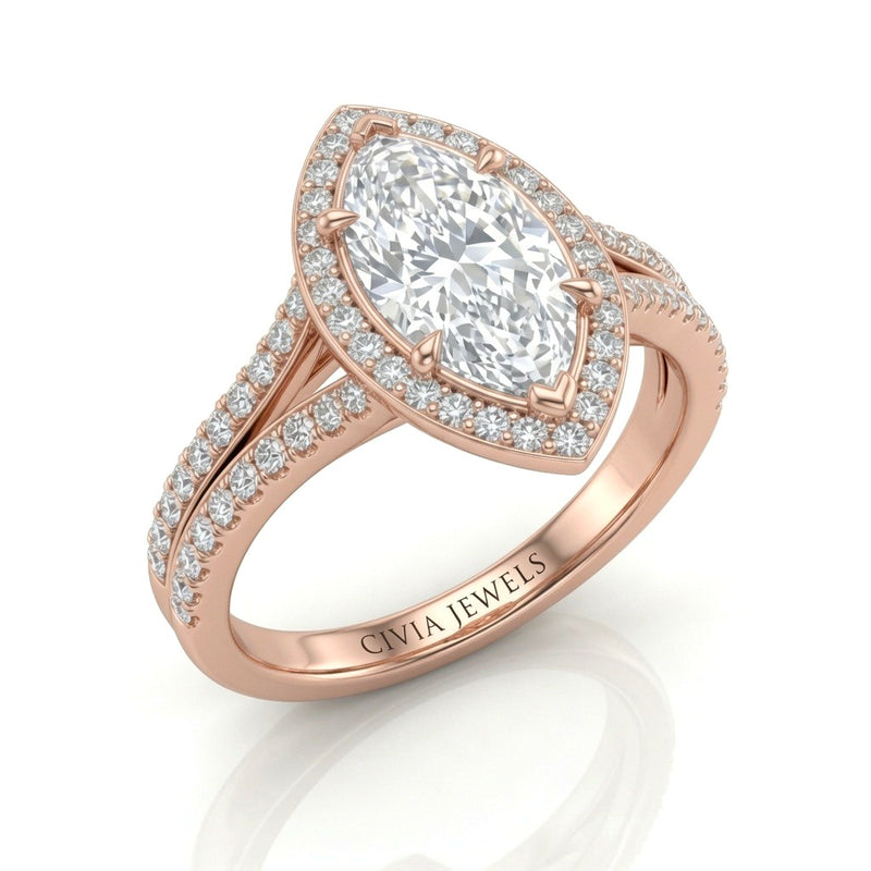 Rose Gold Marquise Halo Split Shank Diamond Engagement Ring