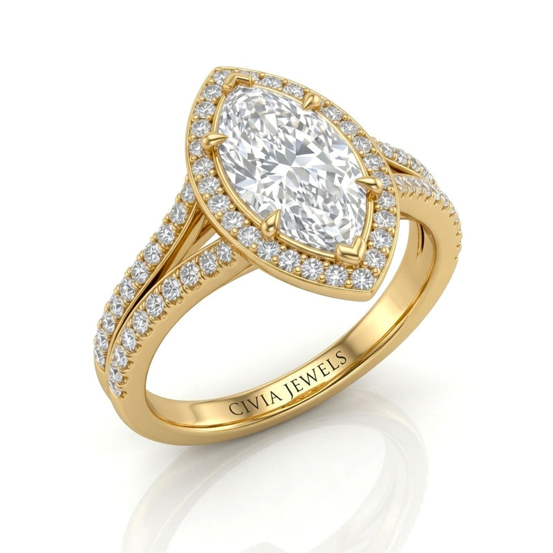 Yellow Gold Marquise Halo Split Shank Diamond Engagement Ring