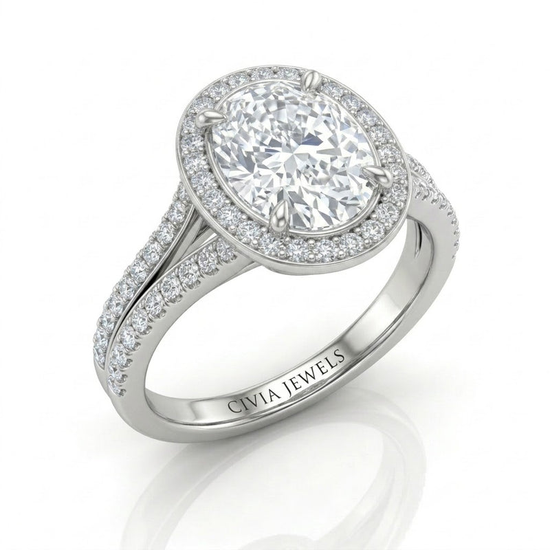 Silver Oval Halo Split Shank Diamond Engagement Ring