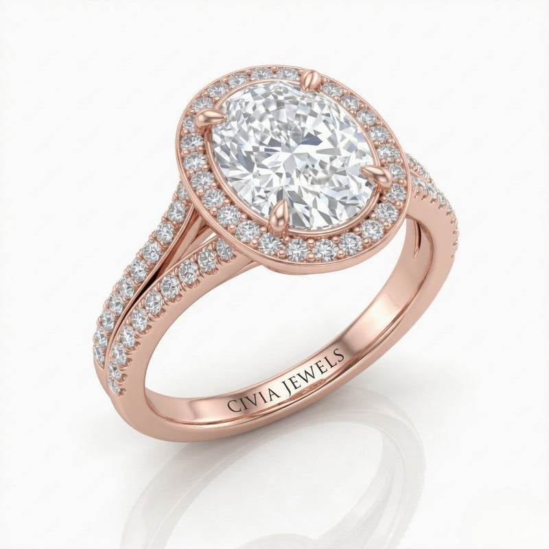 Rose Gold Oval Halo Split Shank Diamond Engagement Ring