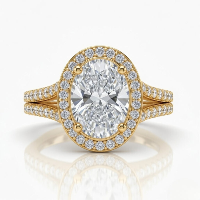 Yellow Gold Oval Halo Split Shank Diamond Engagement Ring