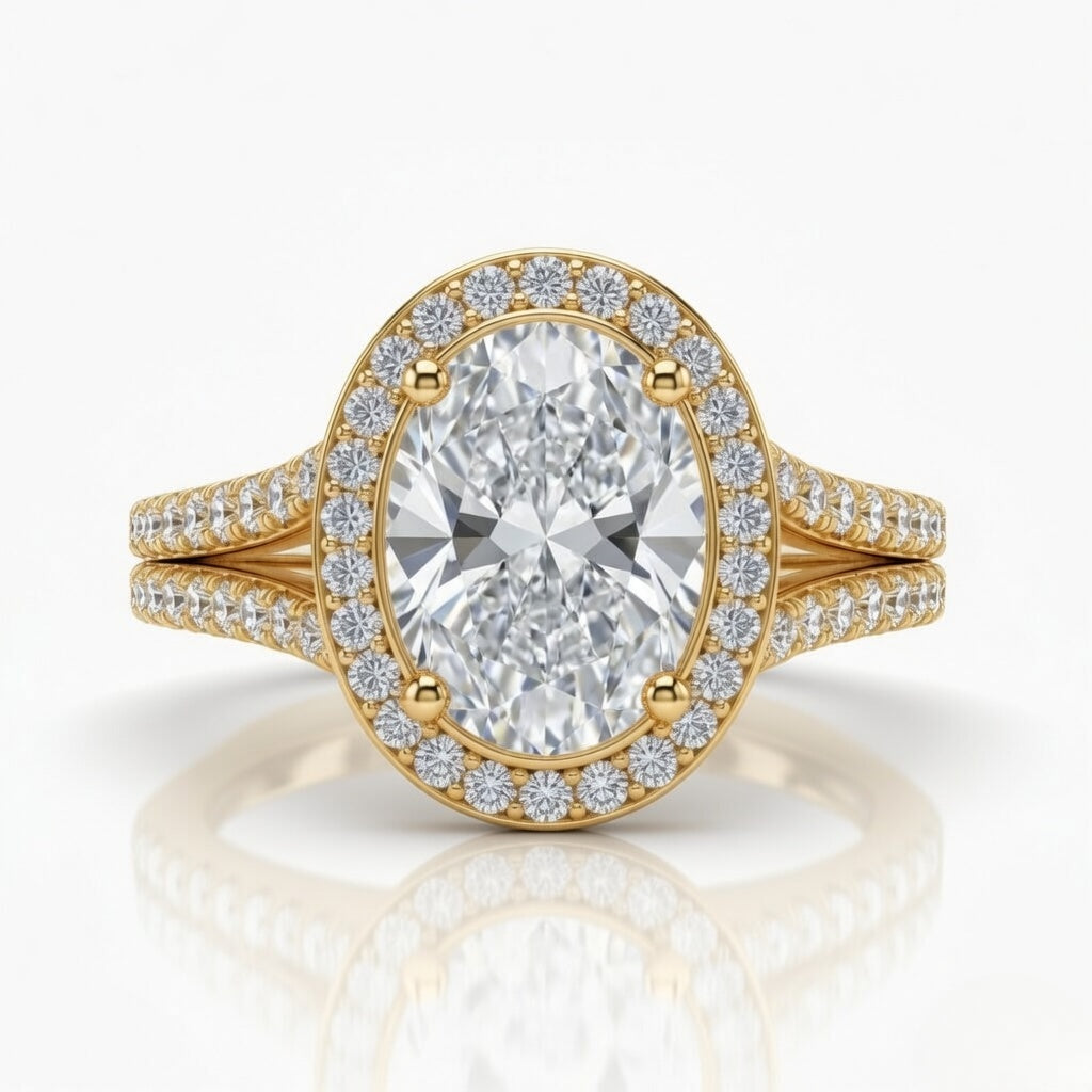 Yellow Gold Oval Halo Split Shank Diamond Engagement Ring
