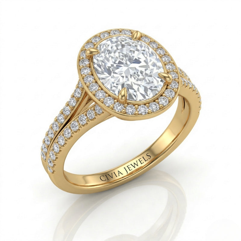 Yellow Gold Oval Halo Split Shank Diamond Engagement Ring