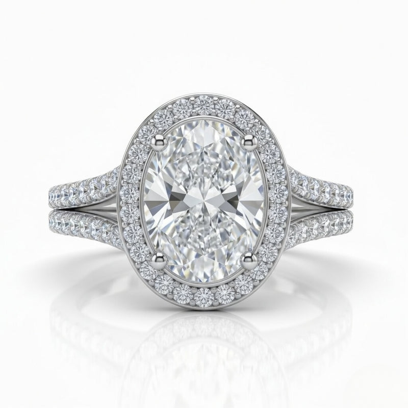 Silver Oval Halo Split Shank Diamond Engagement Ring