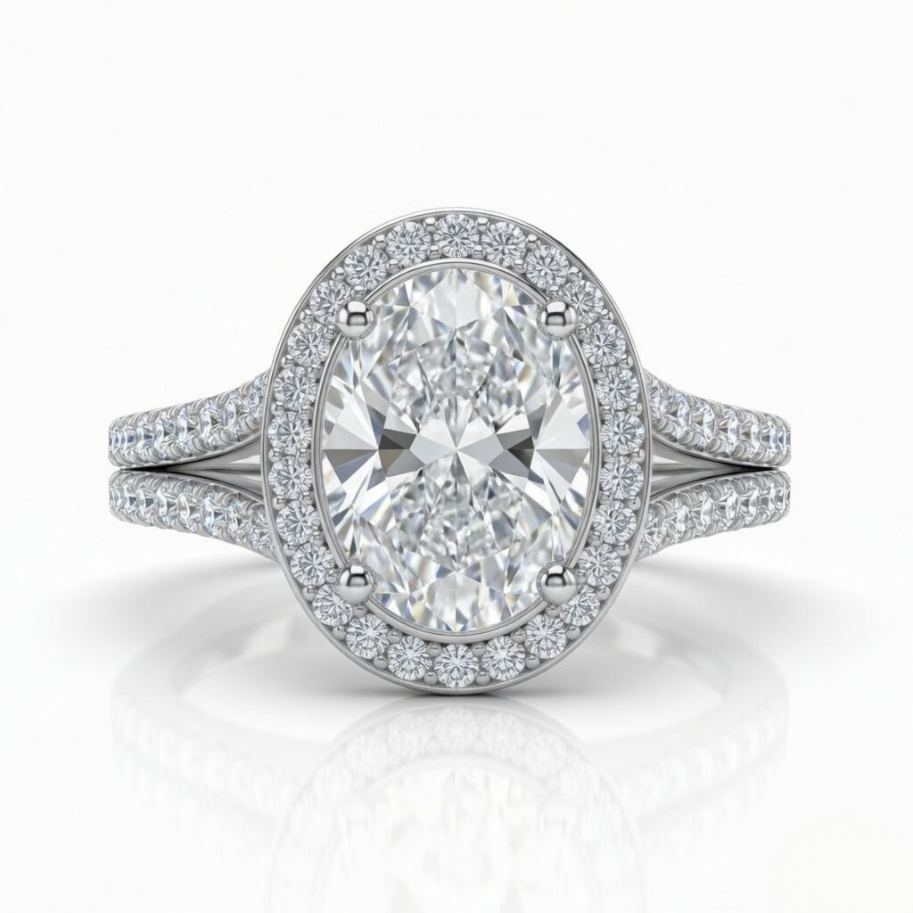 Silver Oval Halo Split Shank Diamond Engagement Ring
