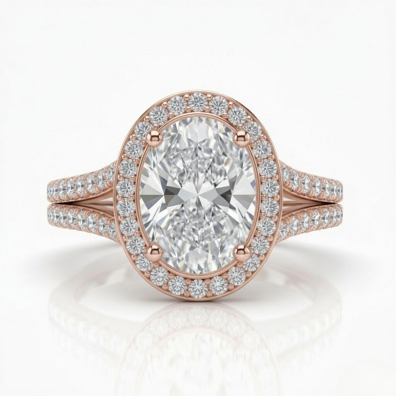 Rose Gold Oval Halo Split Shank Diamond Engagement Ring