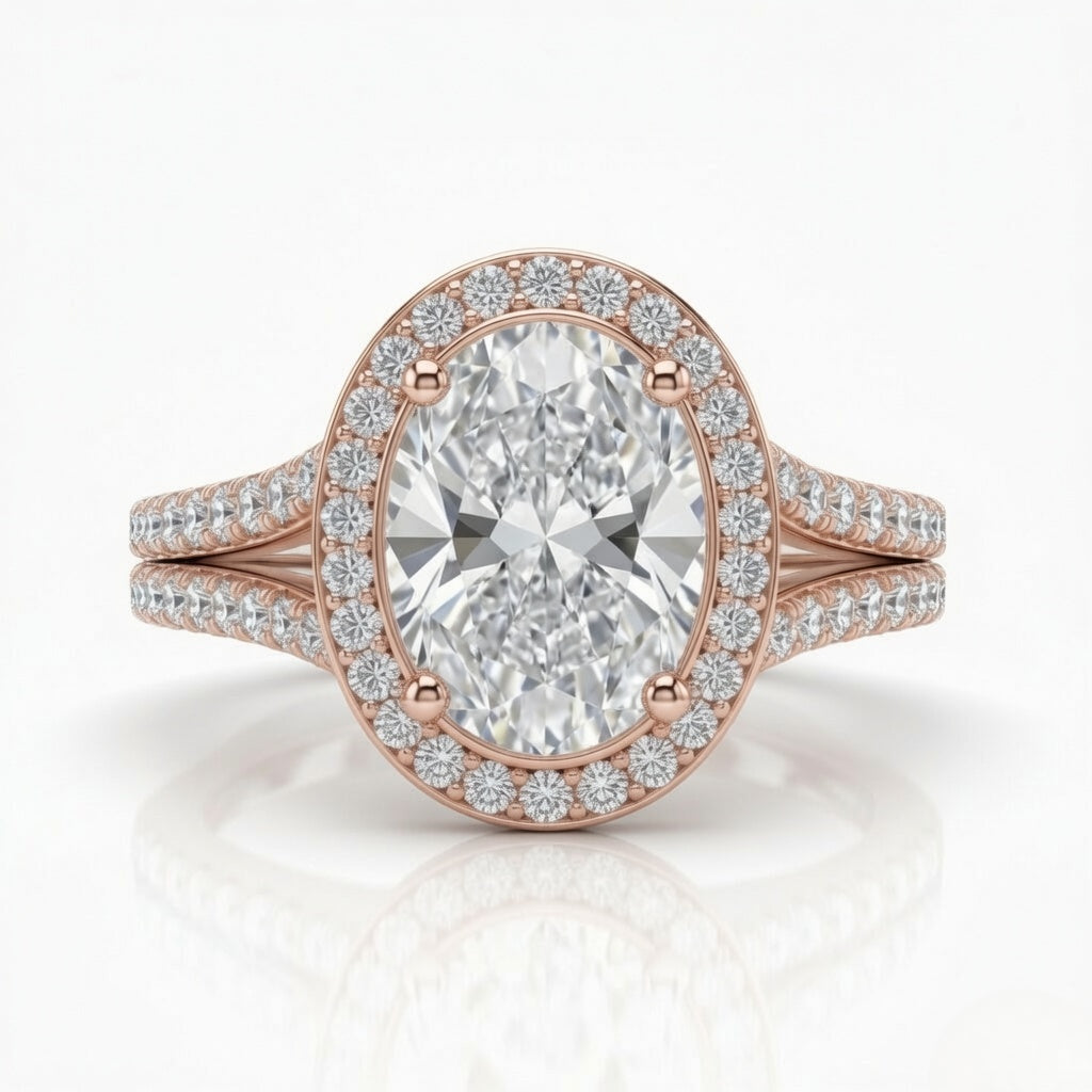 Rose Gold Oval Halo Split Shank Diamond Engagement Ring