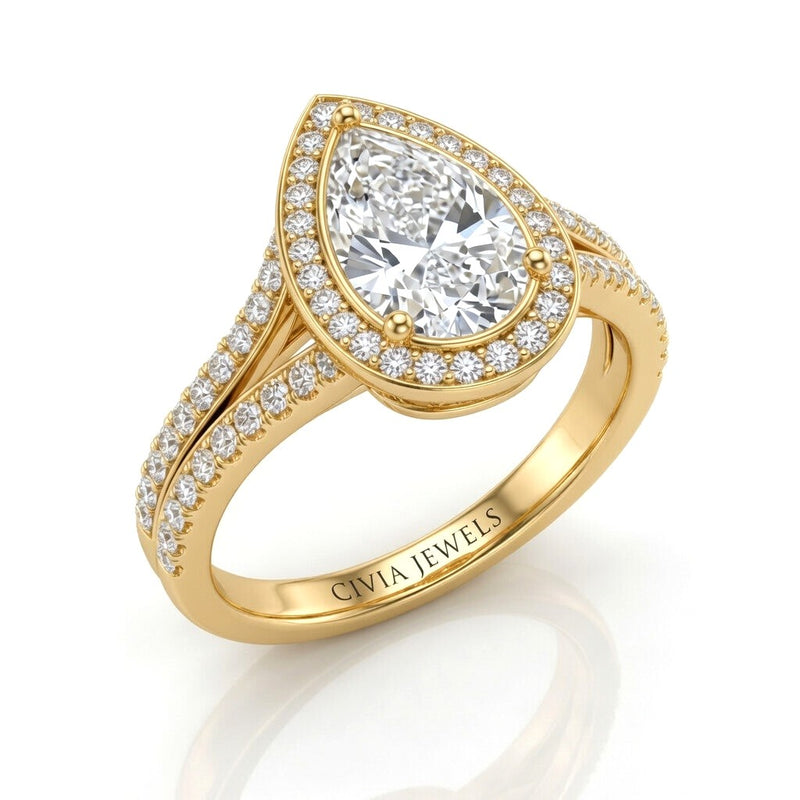 Yellow Gold Pear Halo Split Shank Diamond Engagement Ring