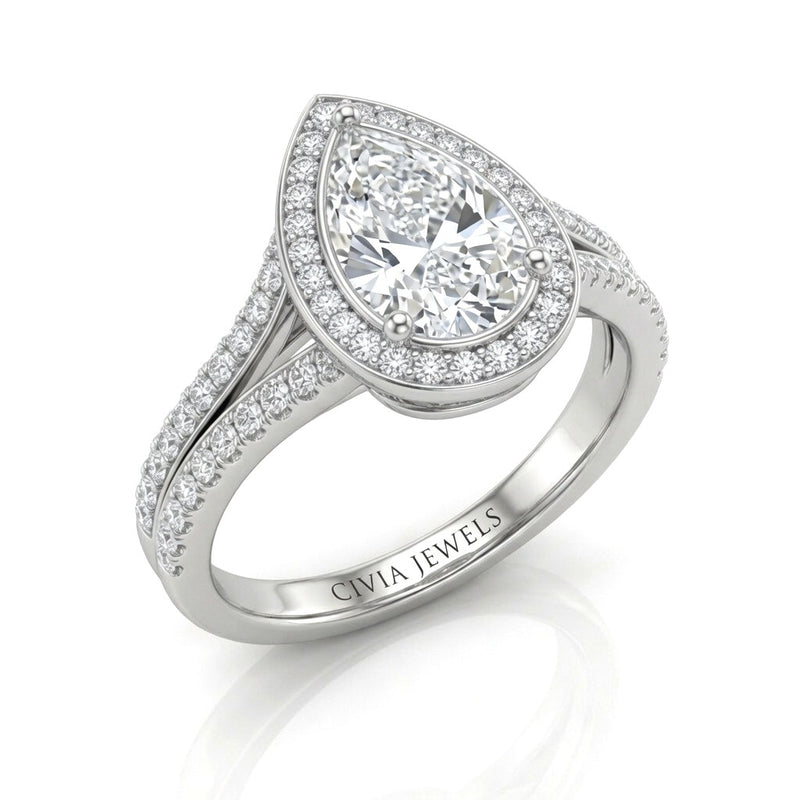 Silver Pear Halo Split Shank Diamond Engagement Ring