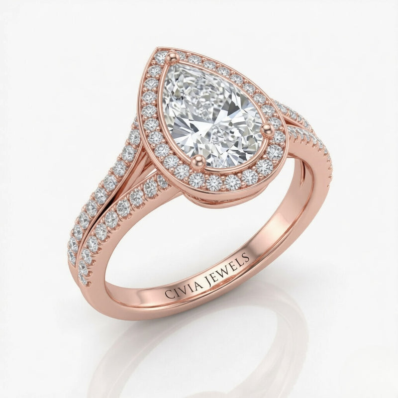 Rose Gold Pear Halo Split Shank Diamond Engagement Ring