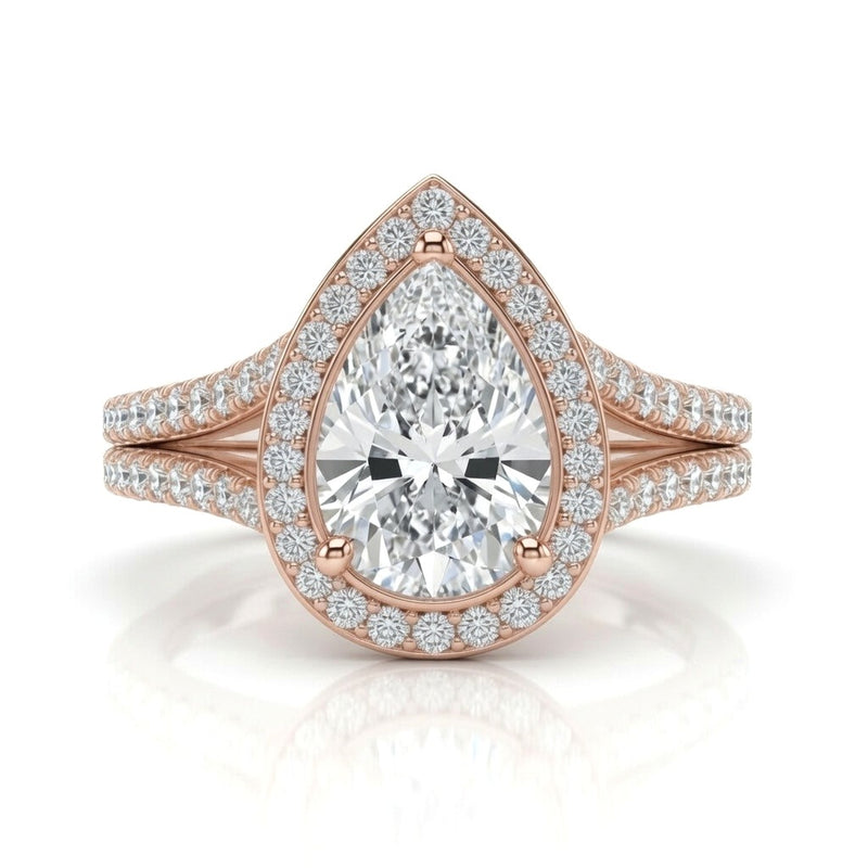 Rose Gold Pear Halo Split Shank Diamond Engagement Ring
