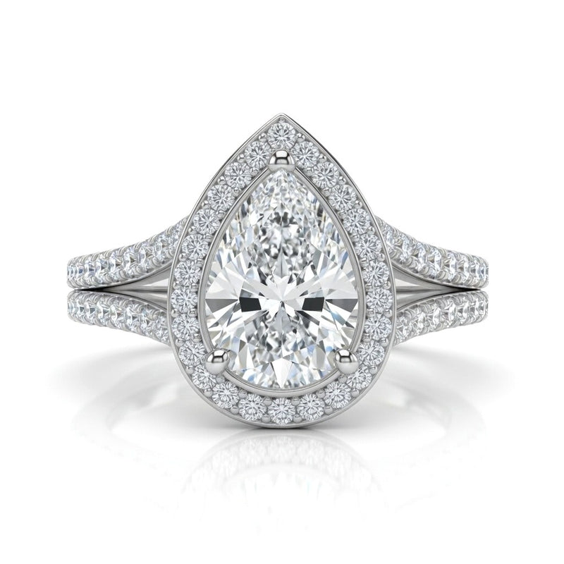 White Gold Pear Halo Split Shank Diamond Engagement Ring