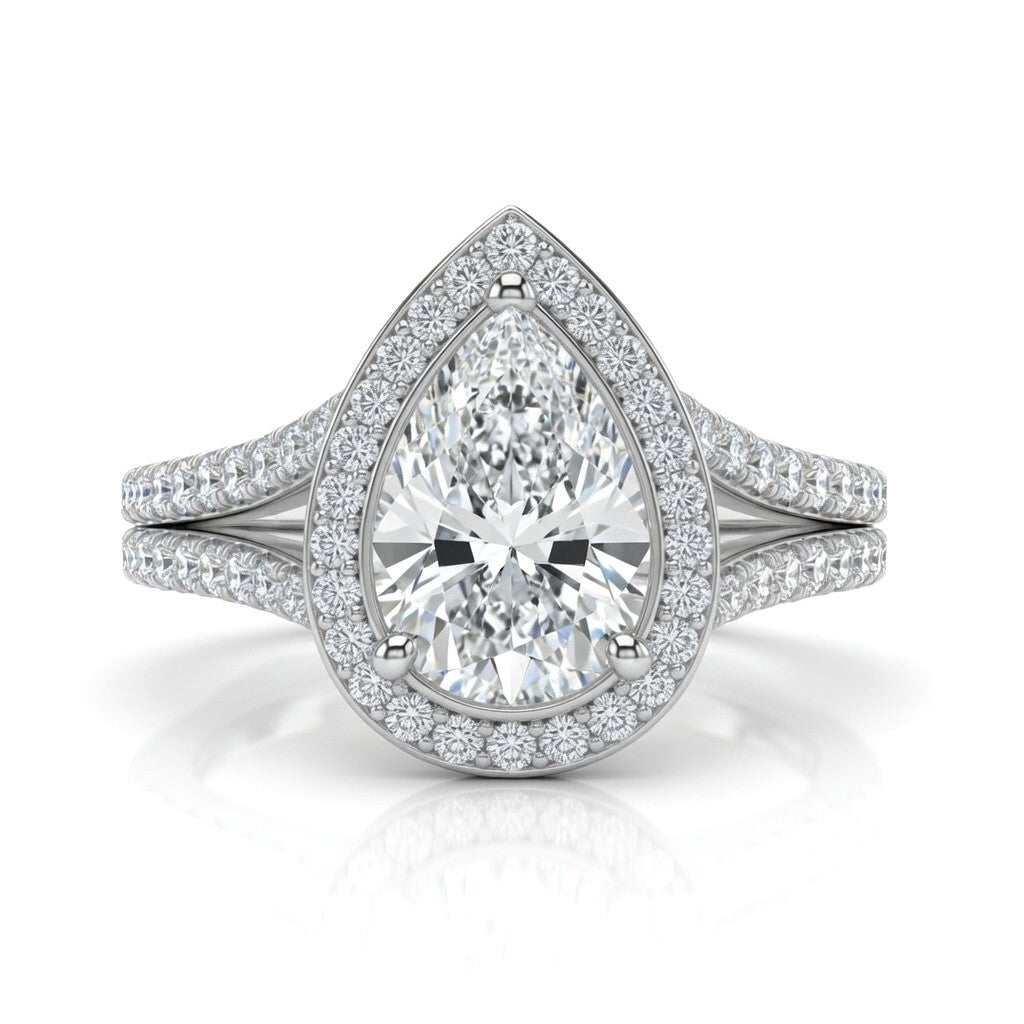 Silver Pear Halo Split Shank Diamond Engagement Ring