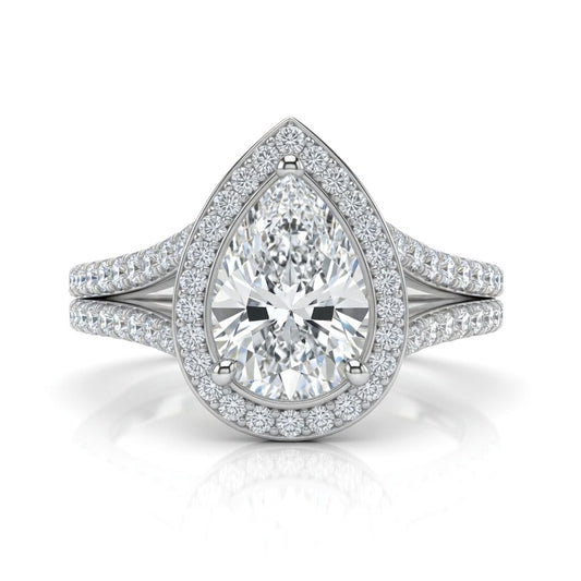 Silver Pear Halo Split Shank Diamond Engagement Ring