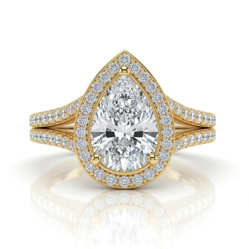 Yellow Gold Pear Halo Split Shank Diamond Engagement Ring