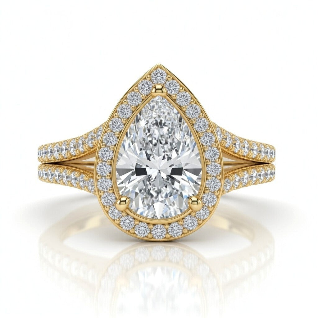 Yellow Gold Pear Halo Split Shank Diamond Engagement Ring
