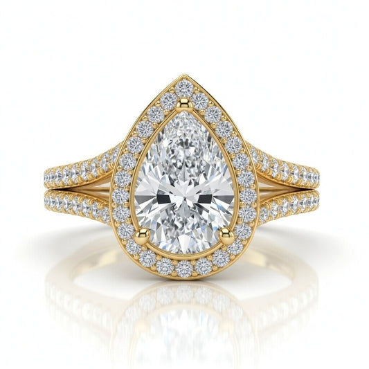 Yellow Gold Pear Halo Split Shank Diamond Engagement Ring