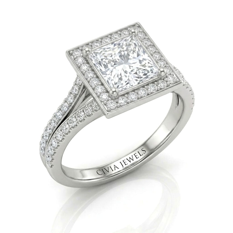 White Gold Princess Halo Split Shank Diamond Engagement Ring