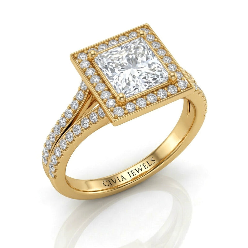 Yellow Gold Princess Halo Split Shank Diamond Engagement Ring
