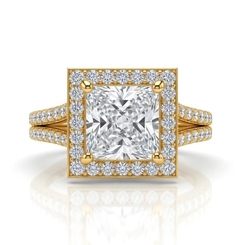Yellow Gold Princess Halo Split Shank Diamond Engagement Ring
