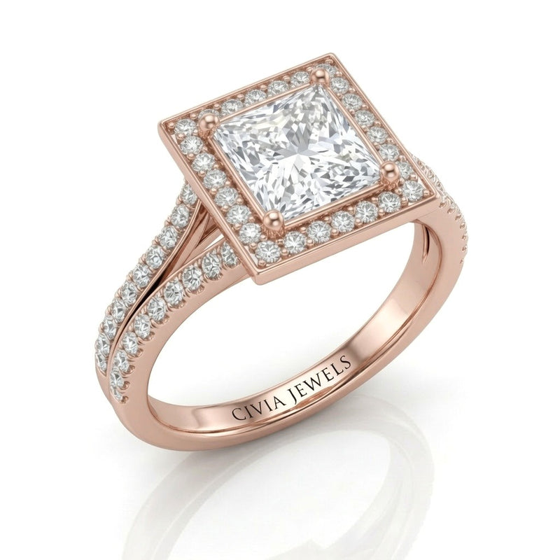 Rose Gold Princess Halo Split Shank Diamond Engagement Ring