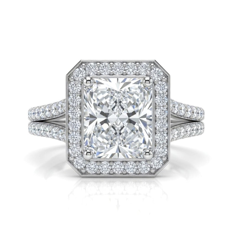 White Gold Radiant Halo Split Shank Diamond Engagement Ring