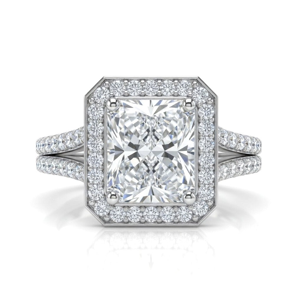 White Gold Radiant Halo Split Shank Diamond Engagement Ring