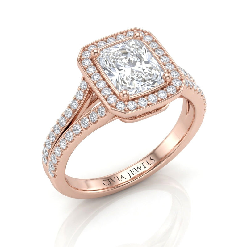 Rose Gold Radiant Halo Split Shank Diamond Engagement Ring