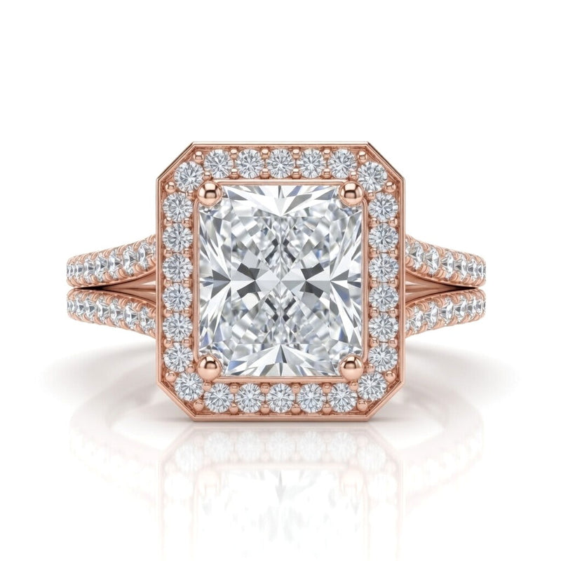 Rose Gold Radiant Halo Split Shank Diamond Engagement Ring