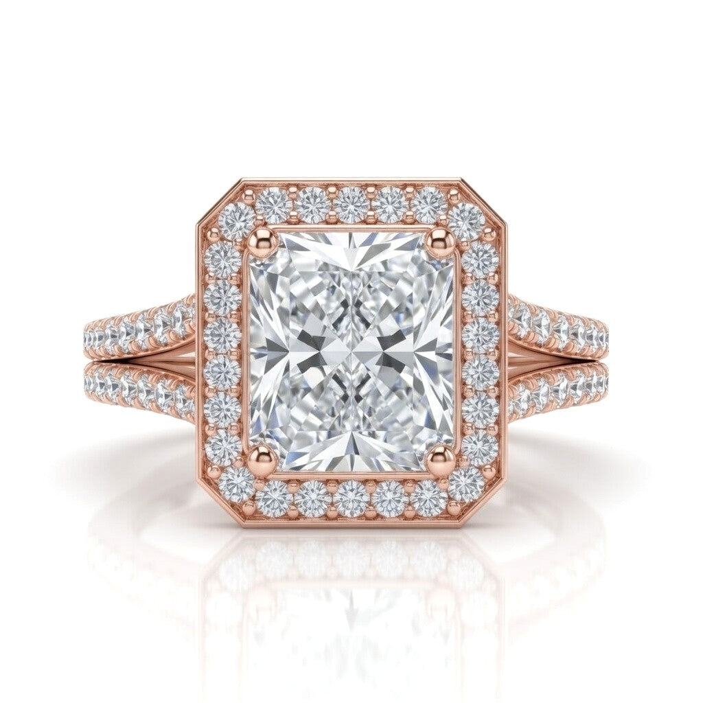 Rose Gold Radiant Halo Split Shank Diamond Engagement Ring