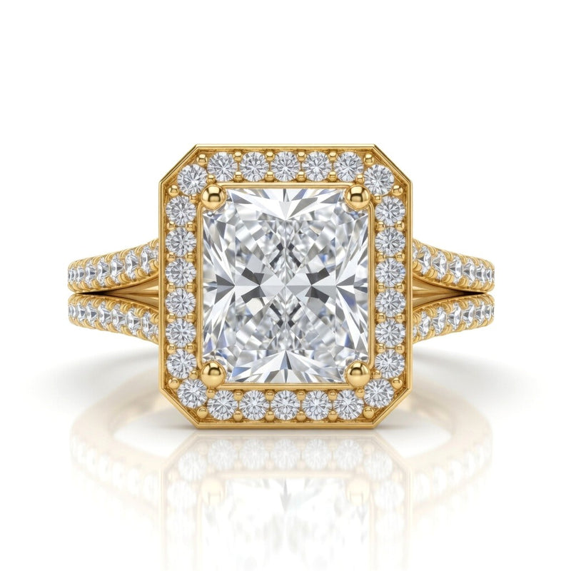 Yellow Gold Radiant Halo Split Shank Diamond Engagement Ring