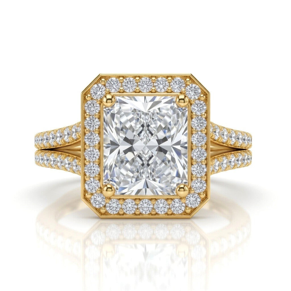 Yellow Gold Radiant Halo Split Shank Diamond Engagement Ring
