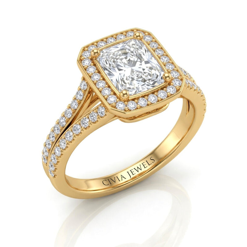 Yellow Gold Radiant Halo Split Shank Diamond Engagement Ring