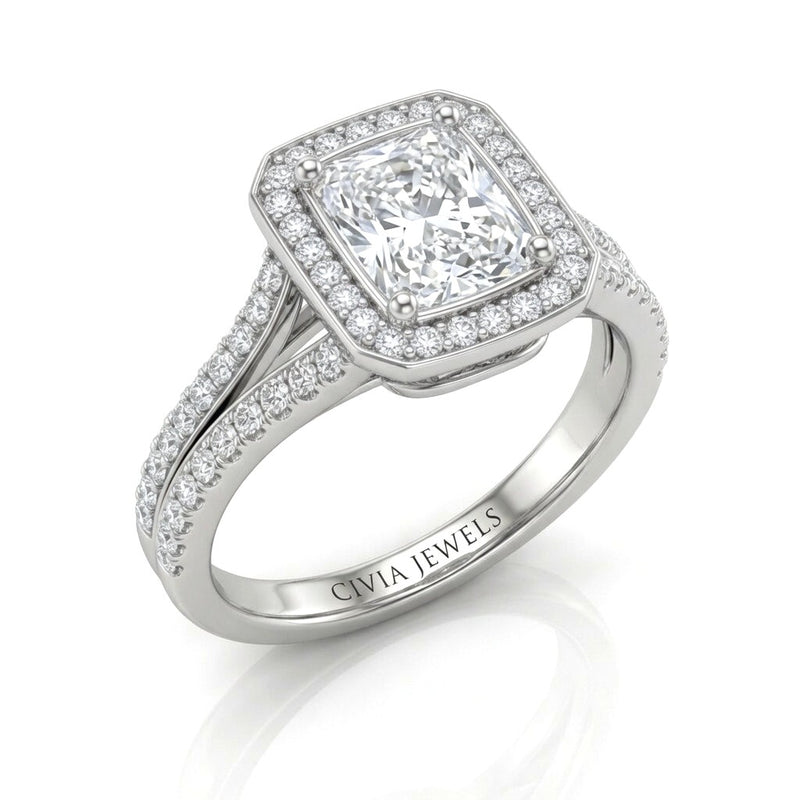 Silver Radiant Halo Split Shank Diamond Engagement Ring