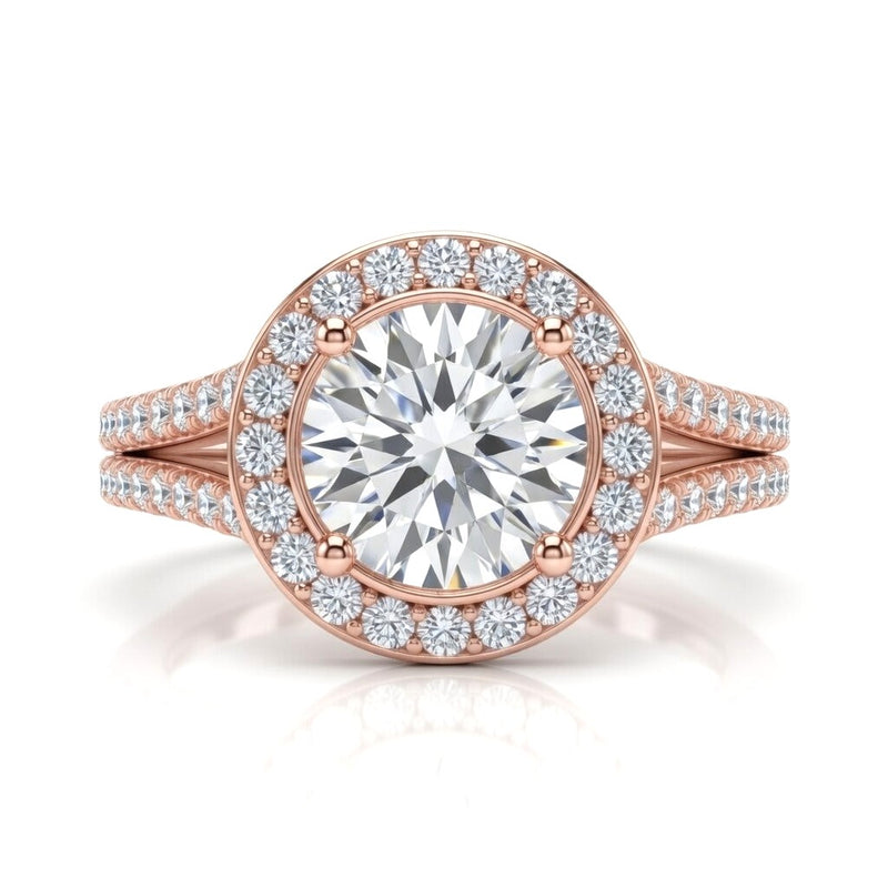 Rose Gold Round Halo Split Shank Diamond Engagement Ring