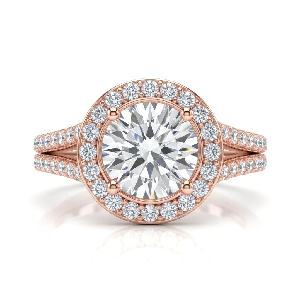 Rose Gold Round Halo Split Shank Diamond Engagement Ring