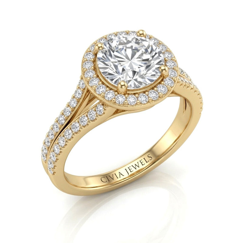 Yellow Gold Round Halo Split Shank Diamond Engagement Ring